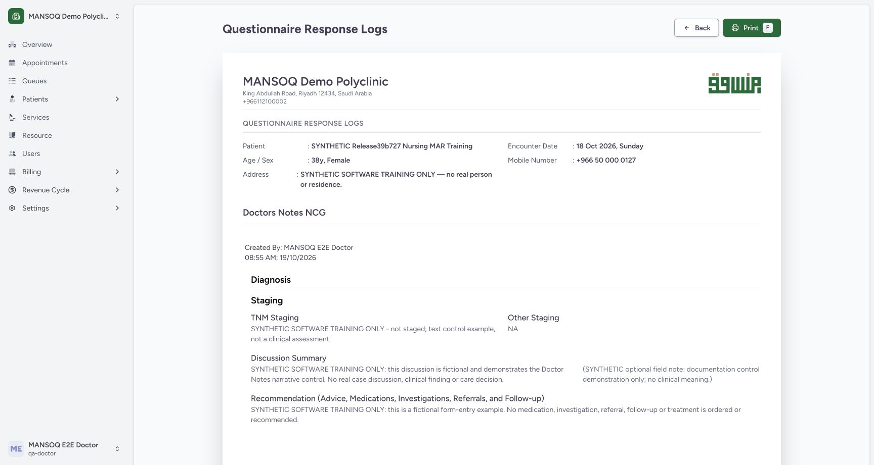 Review the populated single-response print preview. Genuine 1728 by 921 MANSOQ desktop, ordinary Doctor on a fictional Polyclinic case.