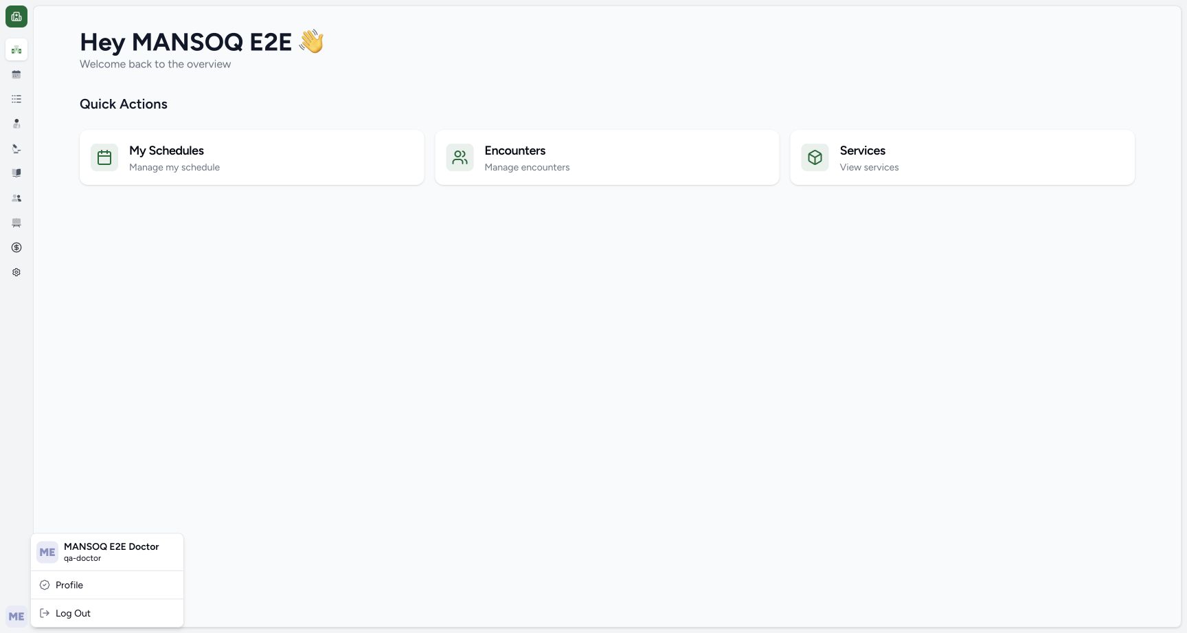 Own newly created Chrome tab; existing qa-doctor session shown in account menu before patient access.