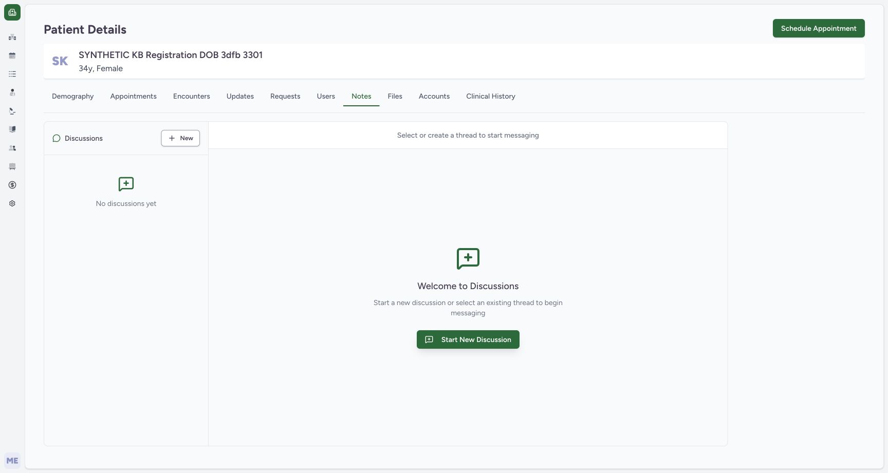 Patient Details Notes is selected and shows No discussions yet. This is not an encounter Notes view.
