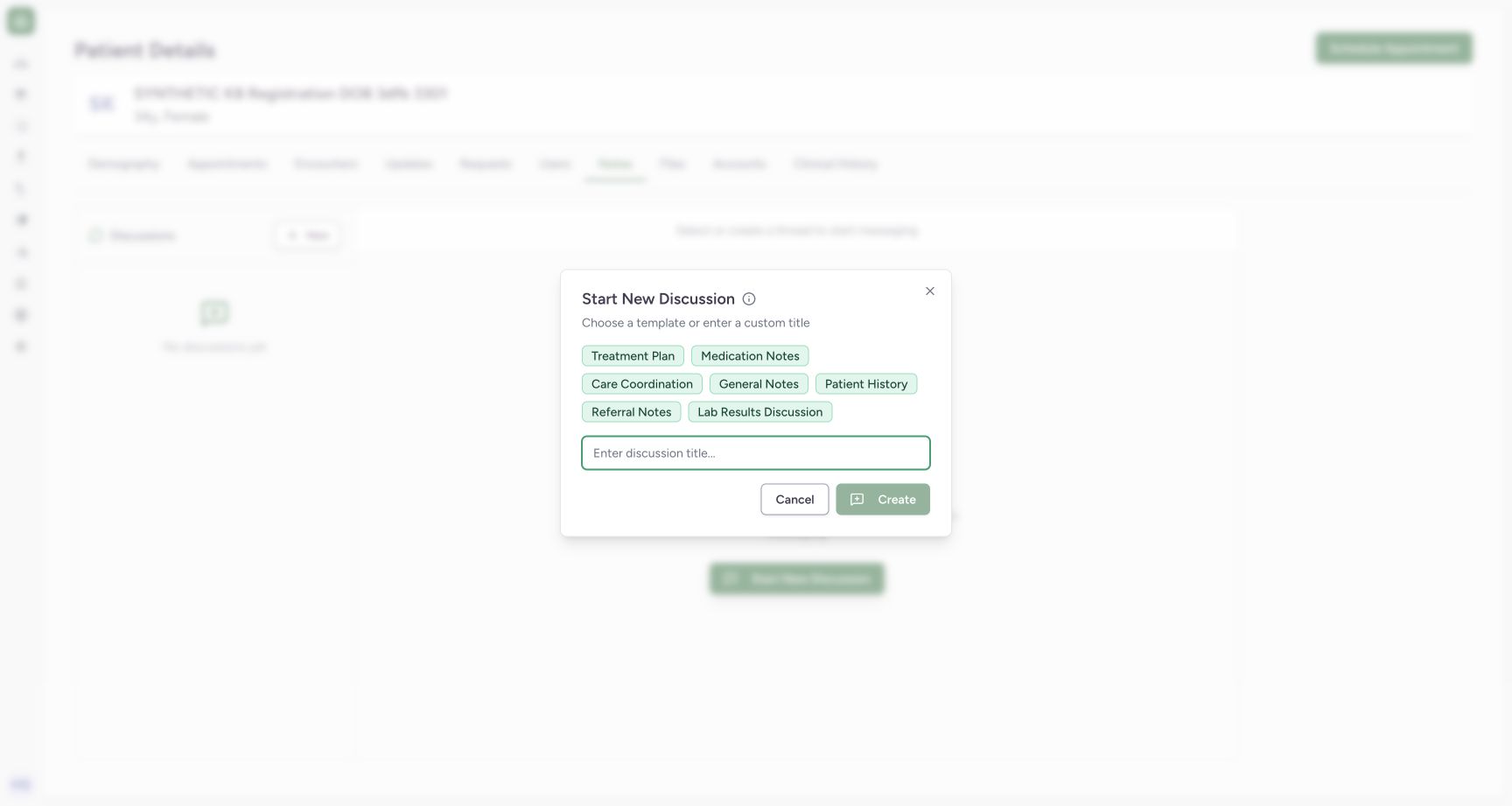 Actual new discussion dialog: empty custom title, visible suggested titles, Cancel and disabled Create. No server validation request.