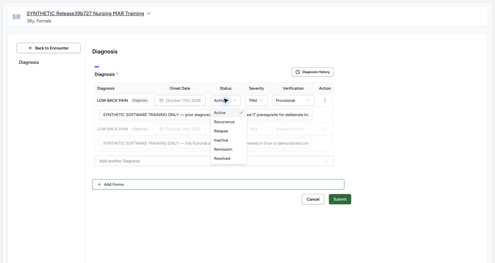 Actual diagnosis status options in the synthetic Doctor diagnosis exercise