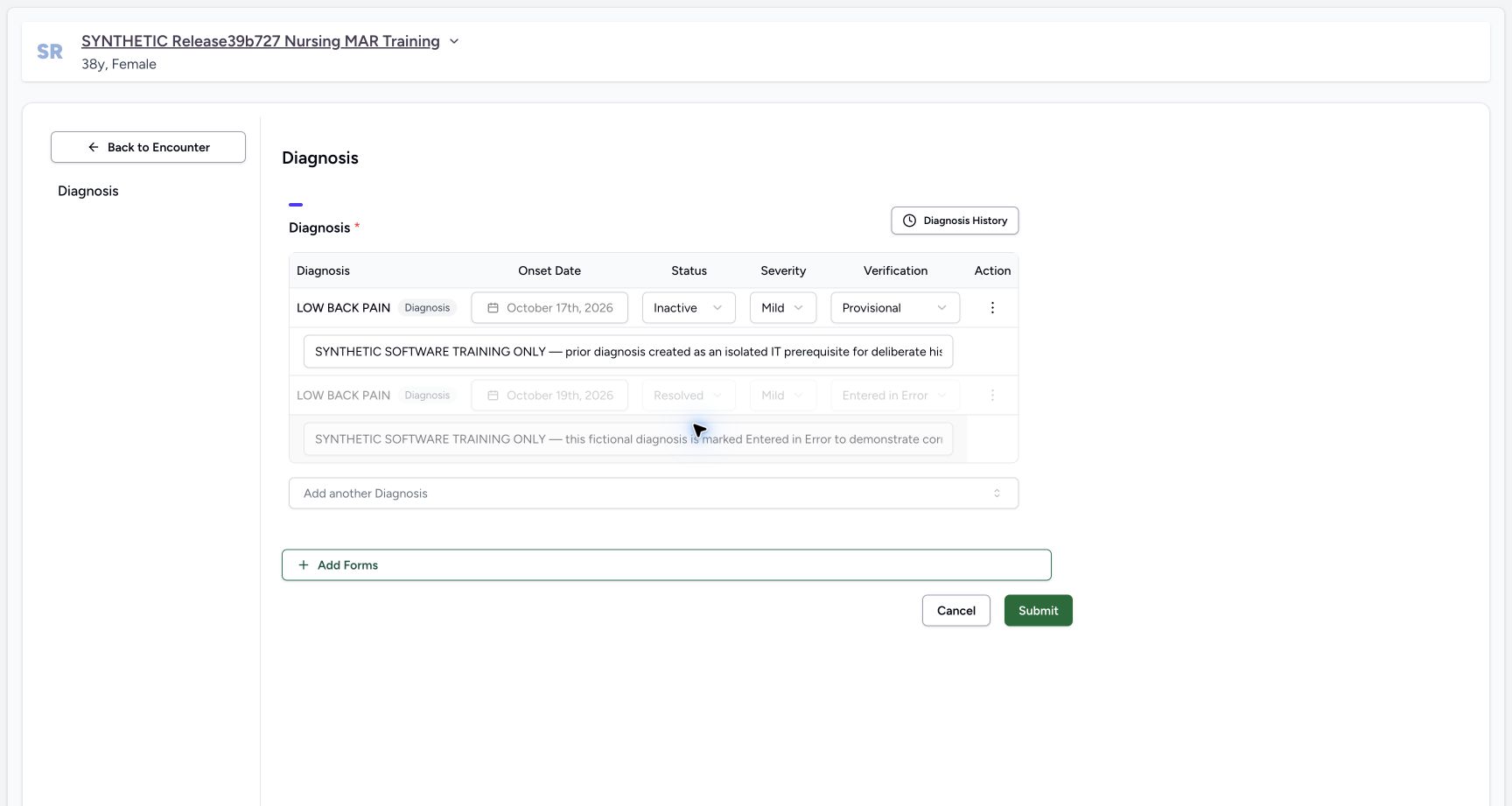 Inactive pending on the same diagnosis in the synthetic Doctor diagnosis exercise