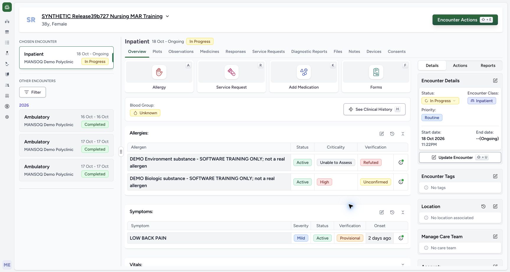 Overview after Inactive with no current Diagnoses section in the synthetic Doctor diagnosis exercise