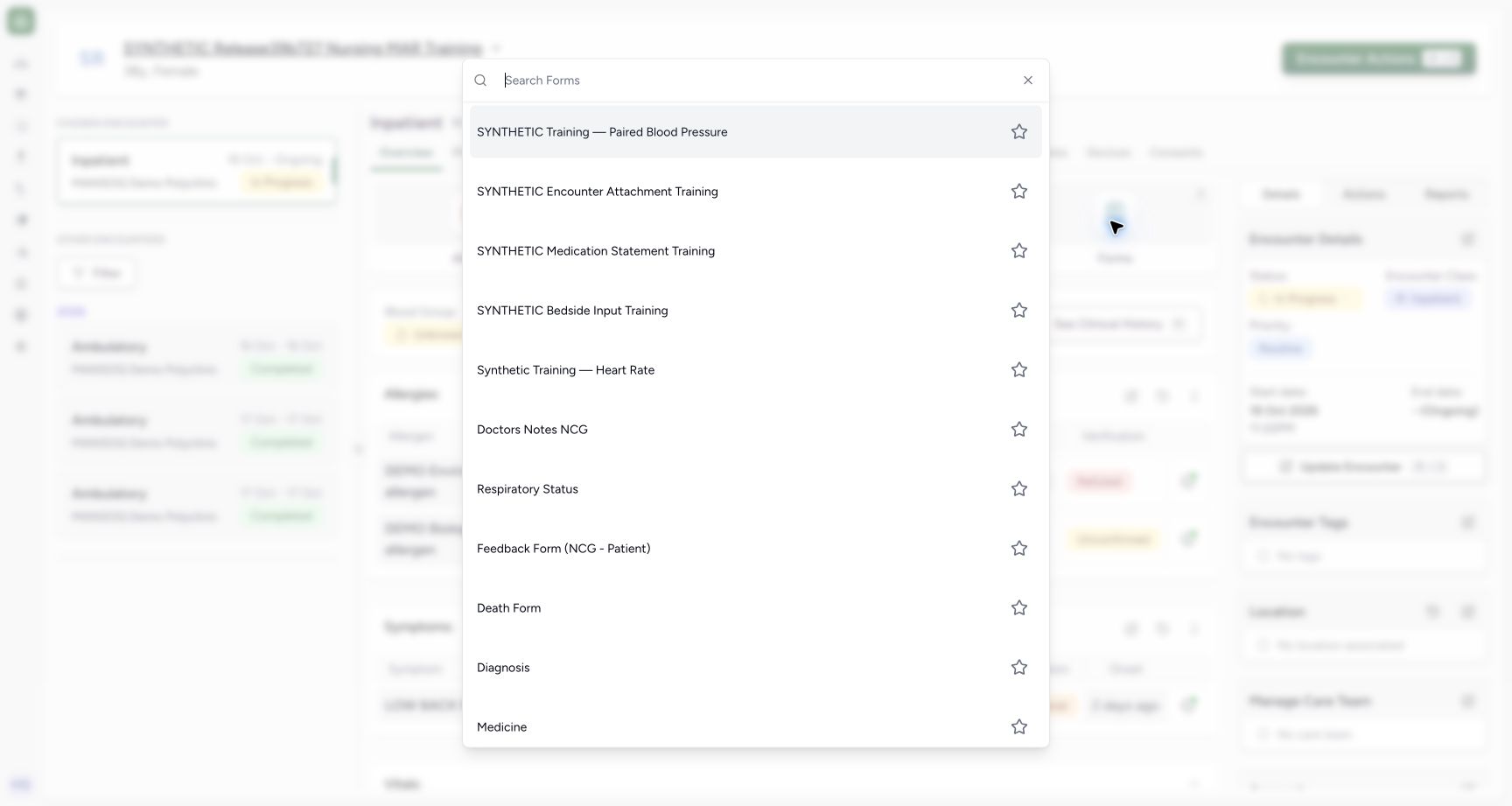 Actual Forms picker with Diagnosis entry in the synthetic Doctor diagnosis exercise