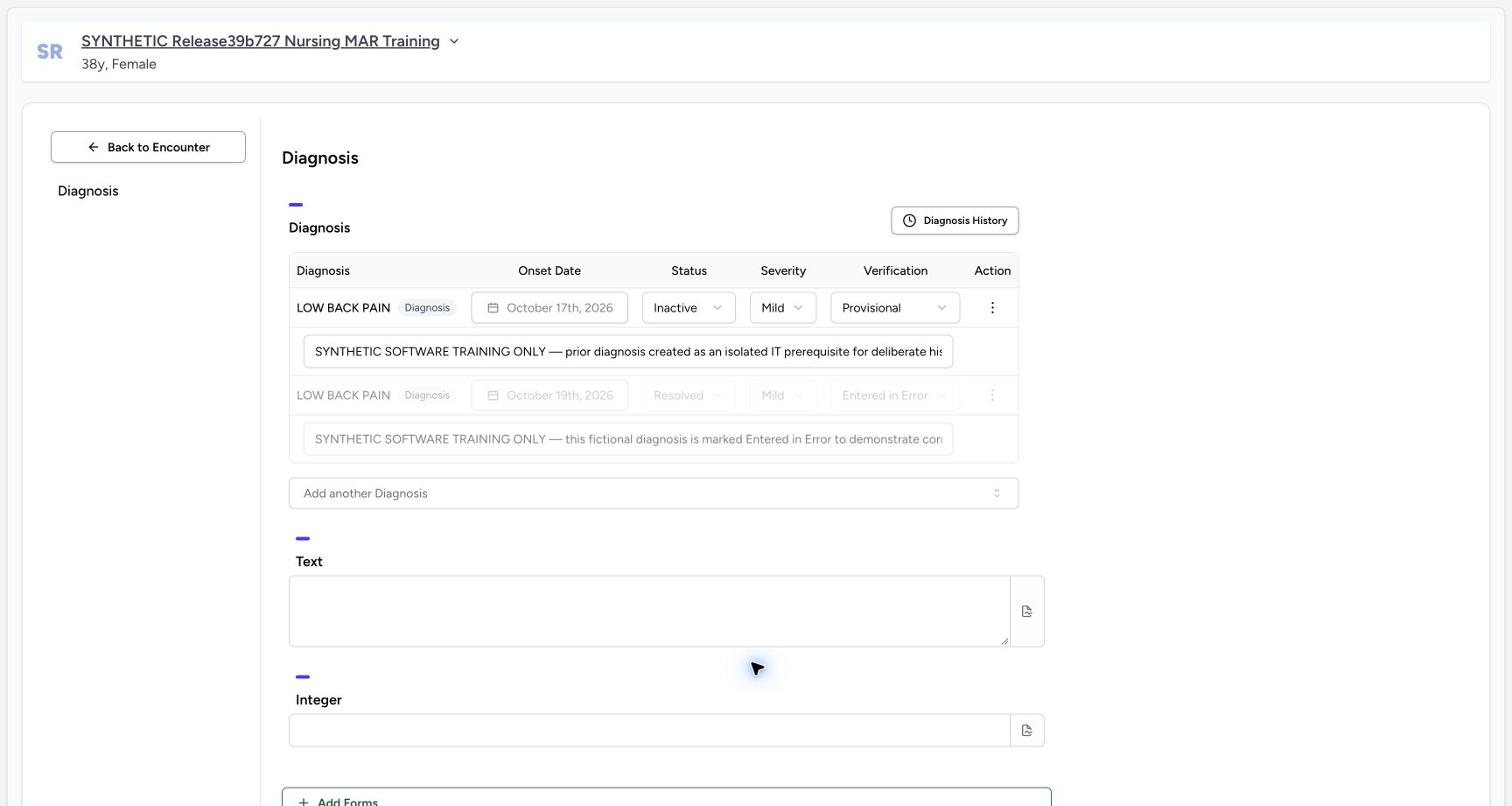 Installed Diagnosis form with saved Inactive row and blank Text/Integer in the synthetic Doctor diagnosis exercise