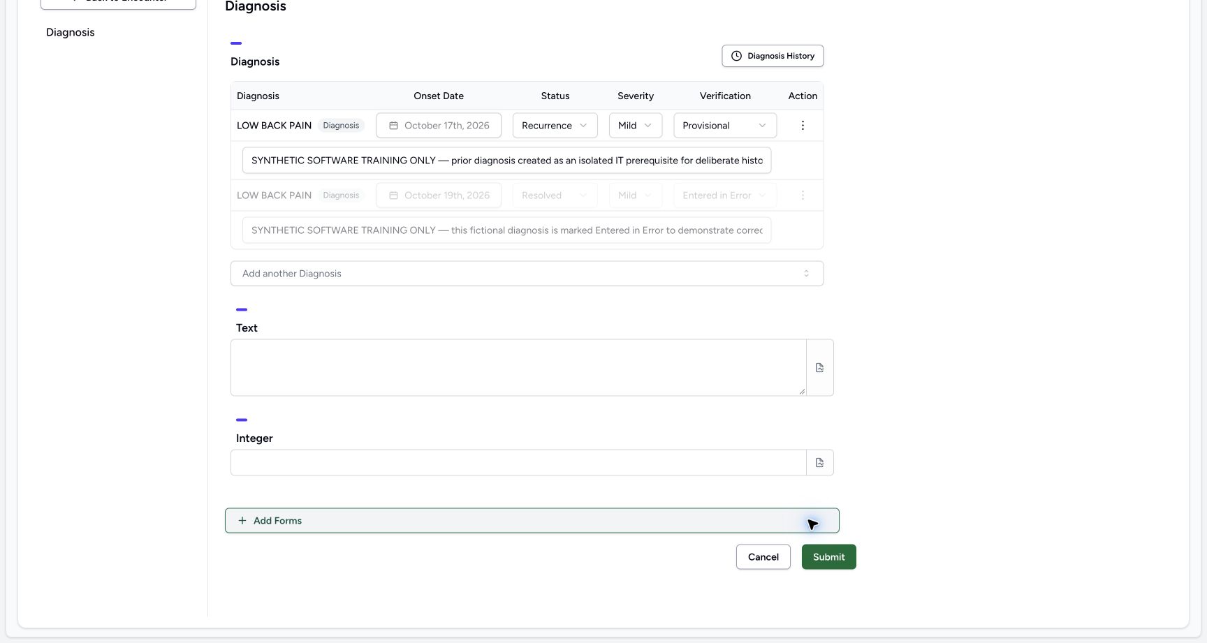 Recurrence reviewed with blank fields and enabled Submit in the synthetic Doctor diagnosis exercise