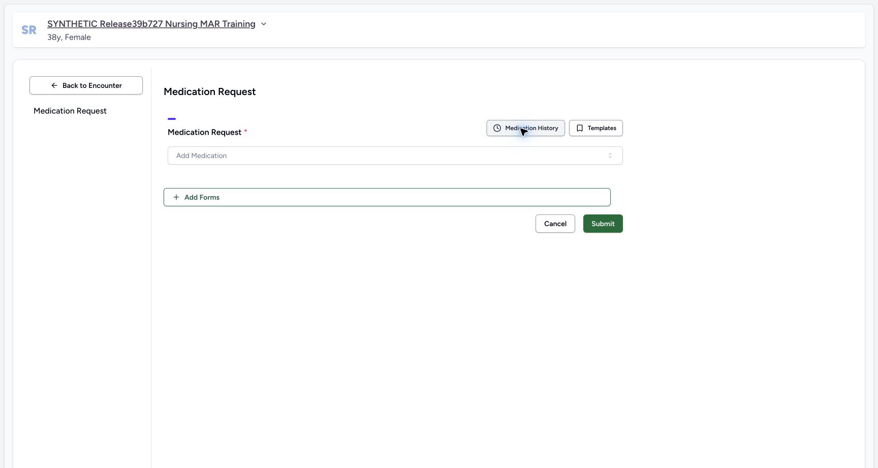 Empty request form in a fictional software training example