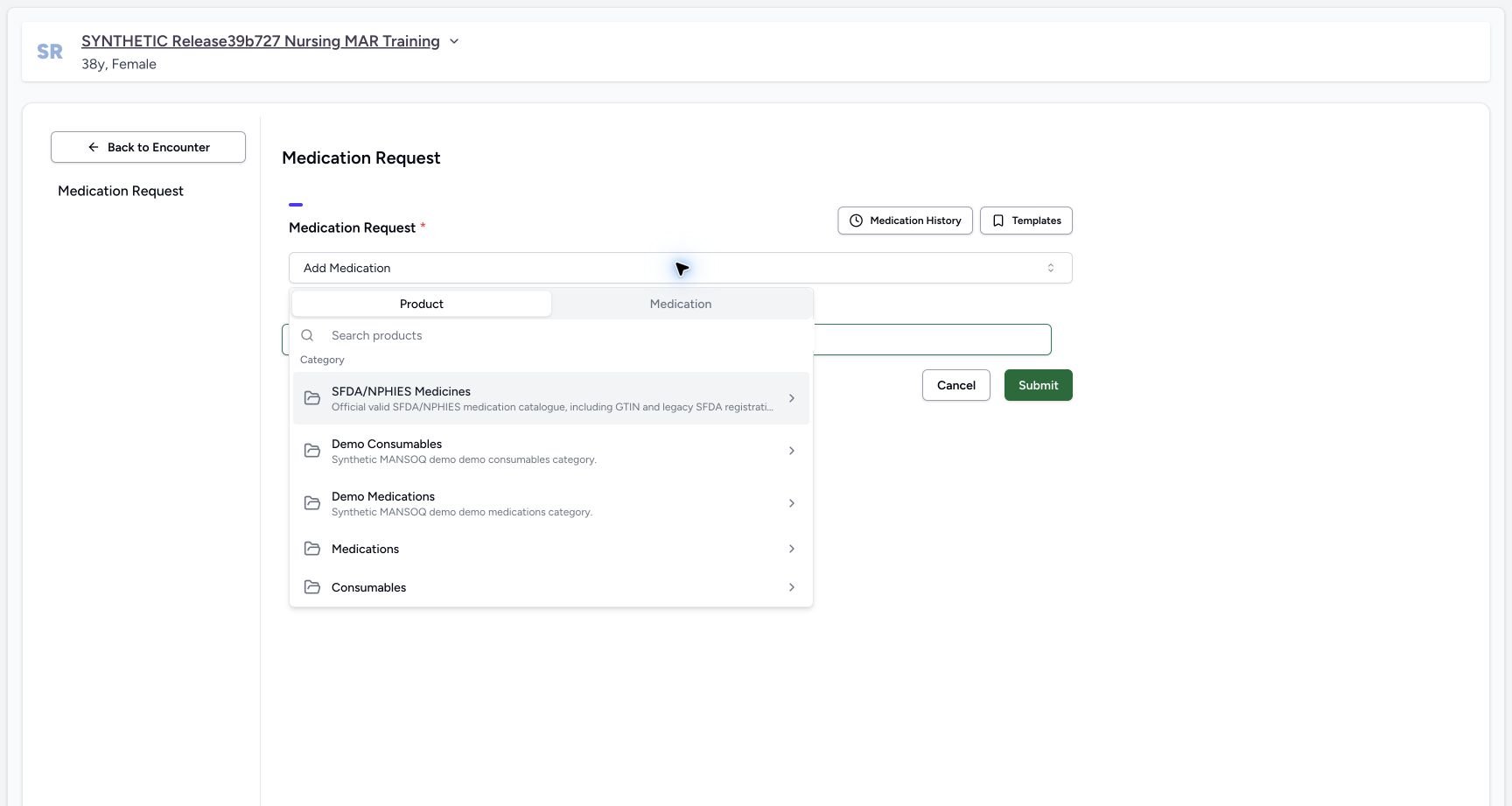 Product category choices in a fictional software training example