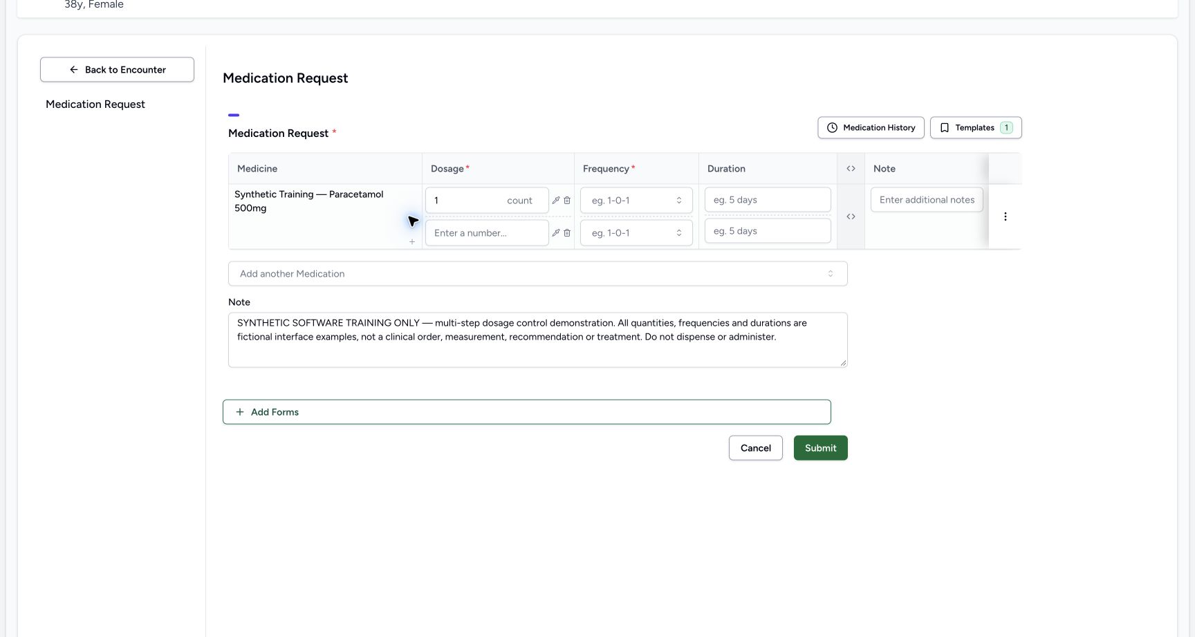 Two draft dosage steps in a fictional software training example