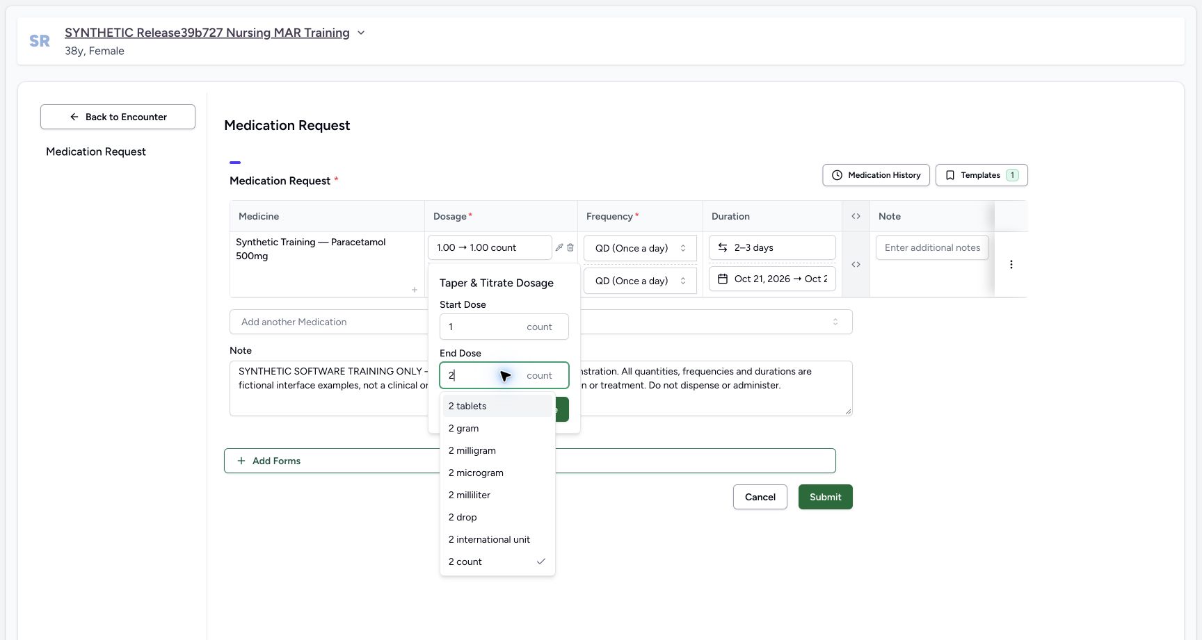 Range end unit options in a fictional software training example