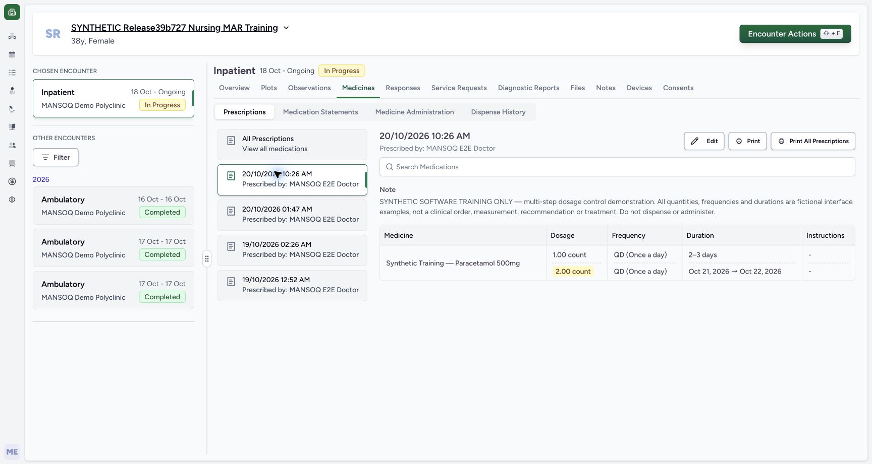 Final prescription after cancel confirmations in a fictional software training example