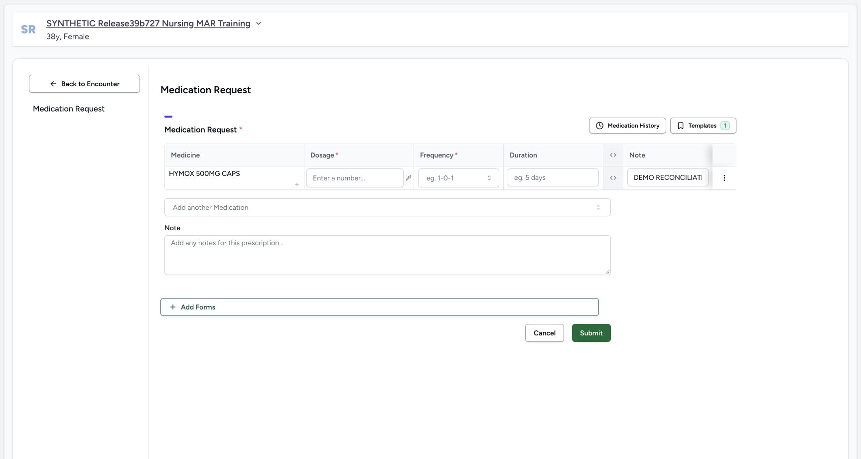 Fresh imported request draft in a fictional software-training example