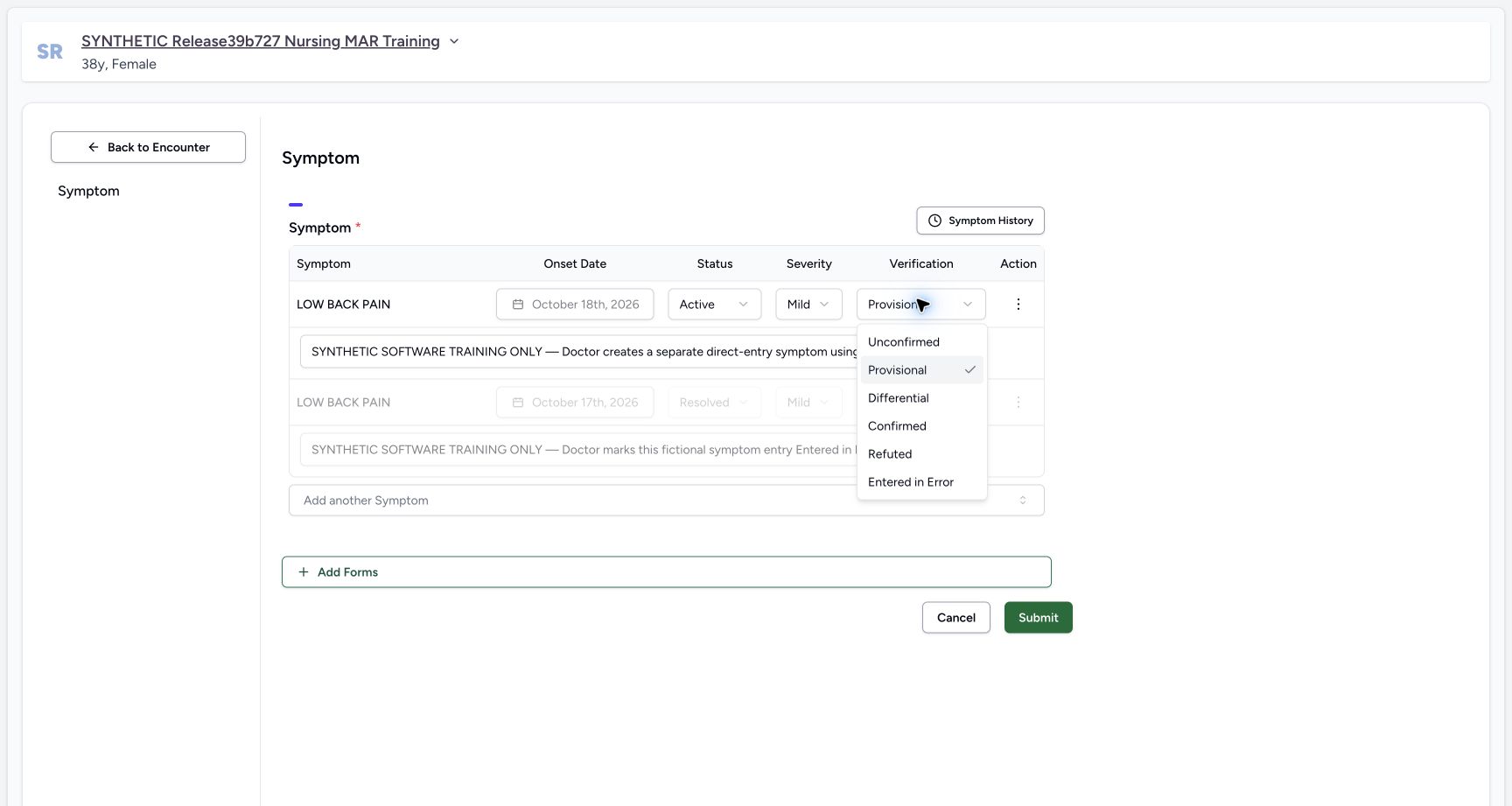 Symptom Verification menu with Refuted as a distinct choice in a fictional software training example