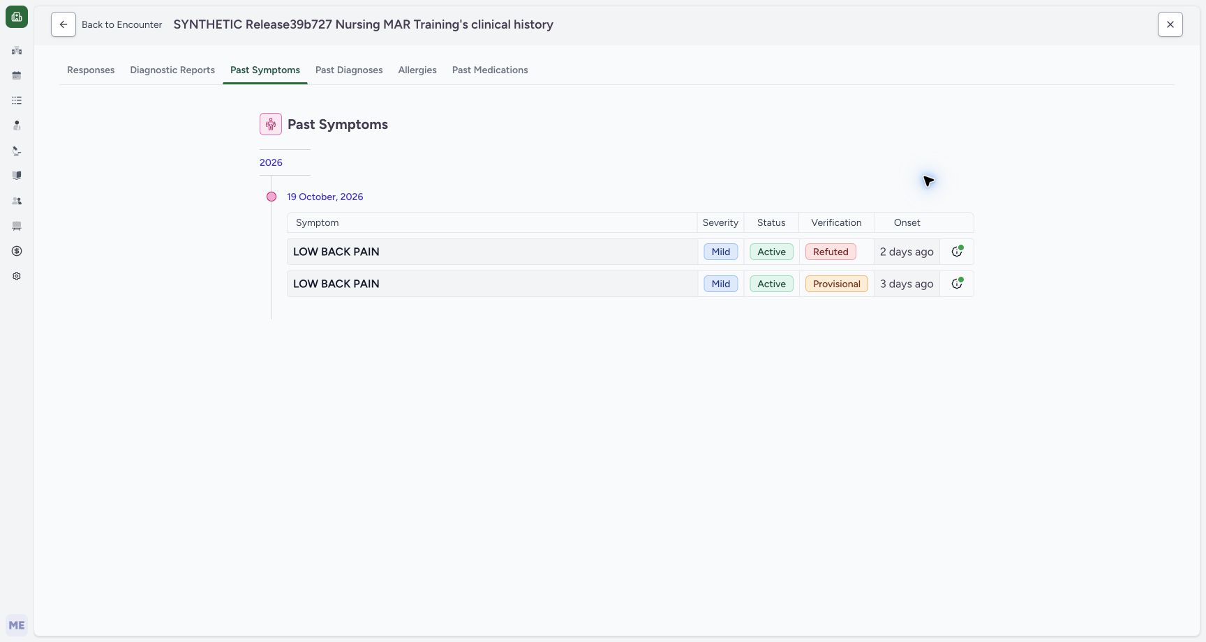 Past Symptoms with separate Refuted and older Provisional records in a fictional software training example