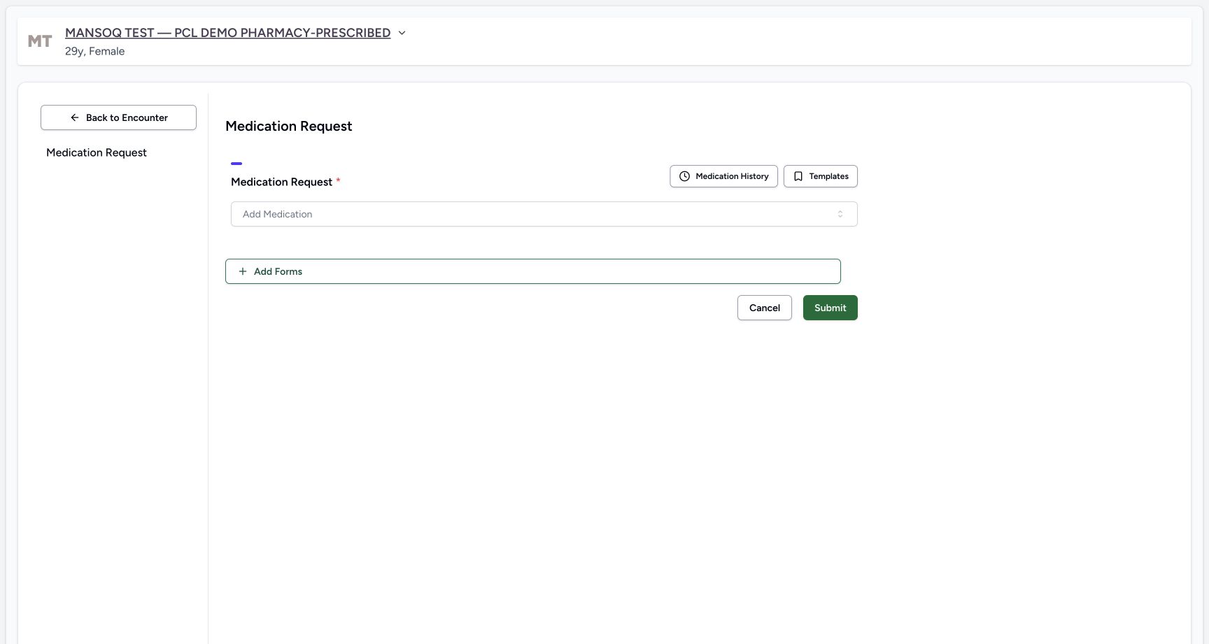 Empty new medication request in a fictional software-training example