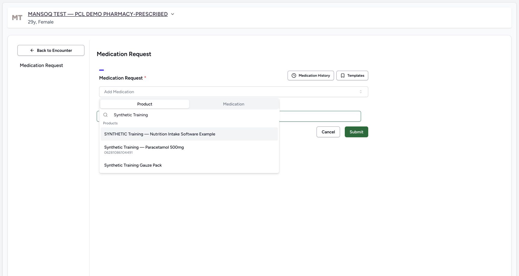 Synthetic product search result in a fictional software-training example
