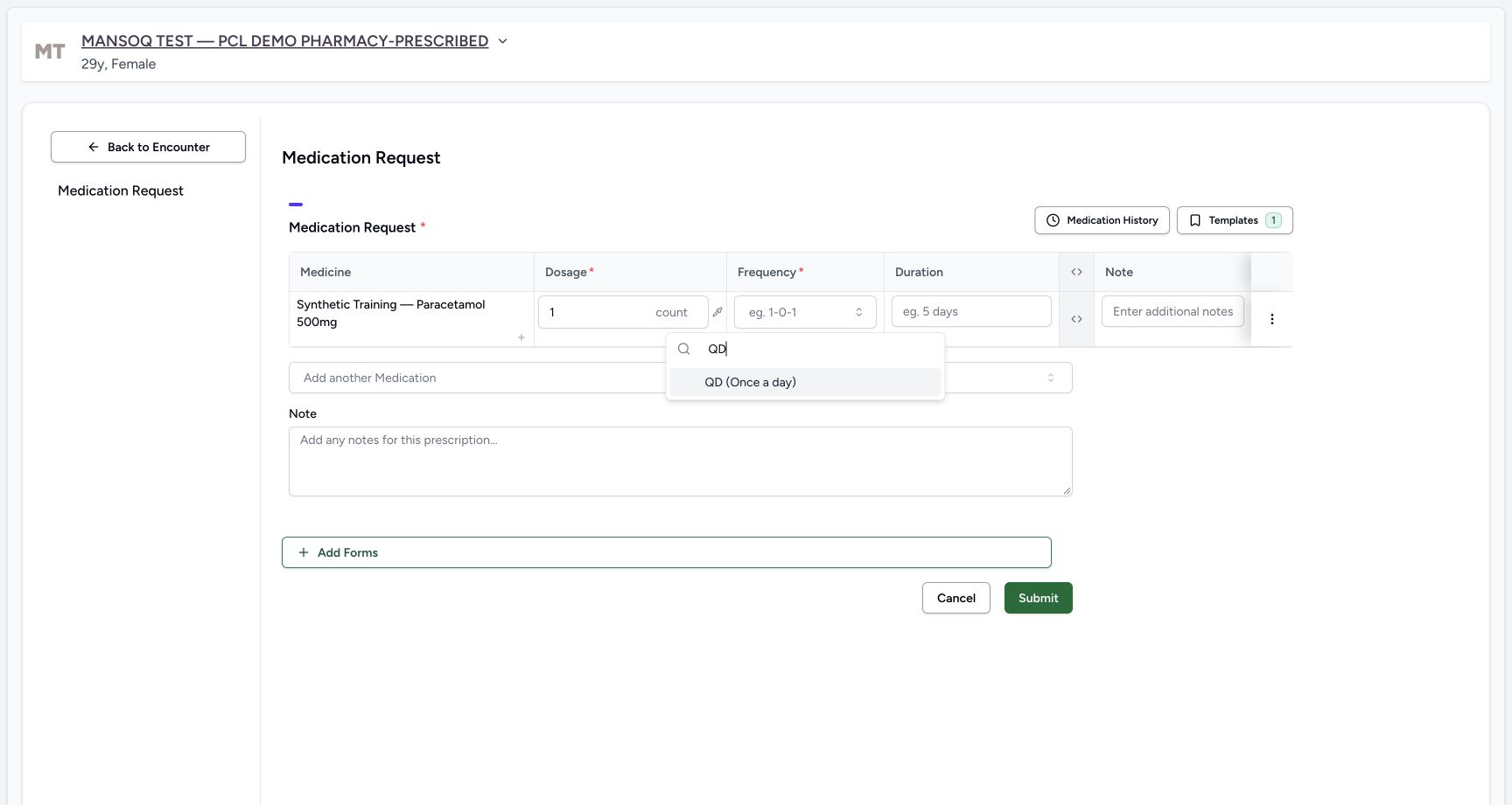 First row qd choice in a fictional software-training example