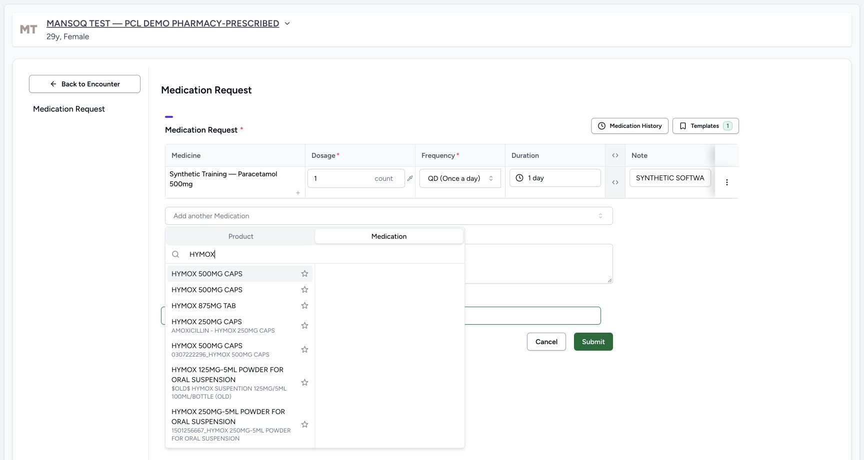 Medication hymox search result in a fictional software-training example