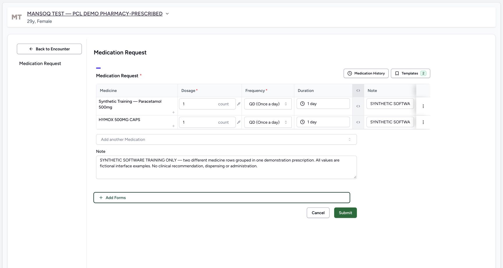 Review two rows shared note before submit in a fictional software-training example