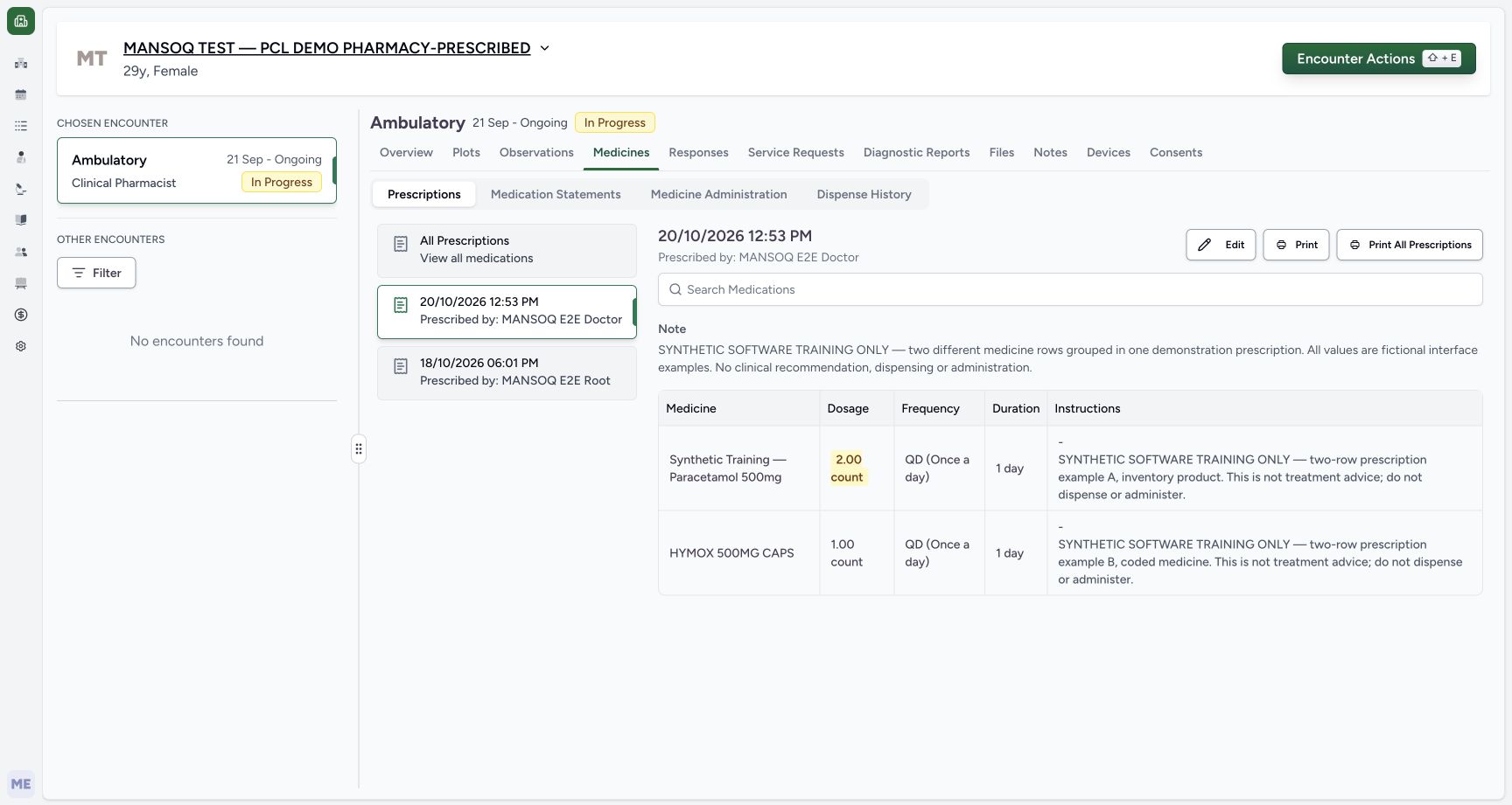 Saved one prescription two rows in a fictional software-training example