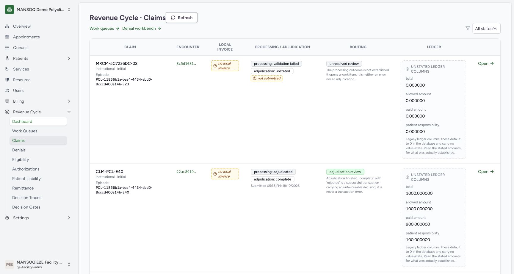Follow the existing claim’s Encounter link. Genuine synthetic claims view.