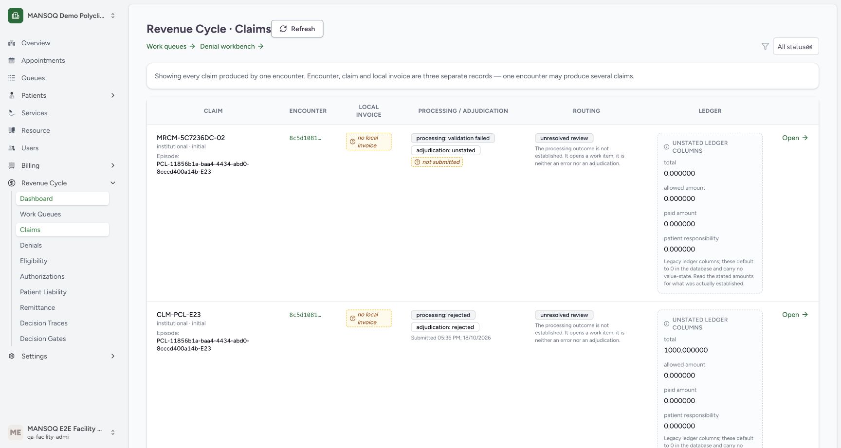 Read the two claims produced by the same encounter. Genuine synthetic claims view.
