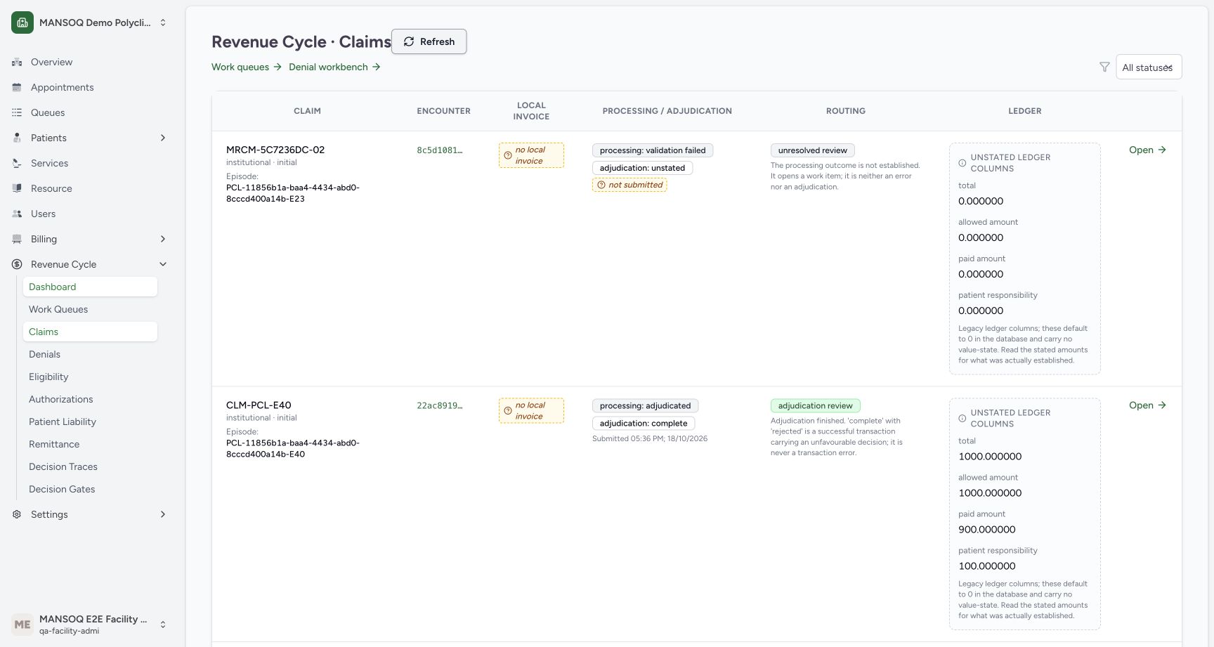 Check the restored unscoped All statuses list. Genuine synthetic claims view.