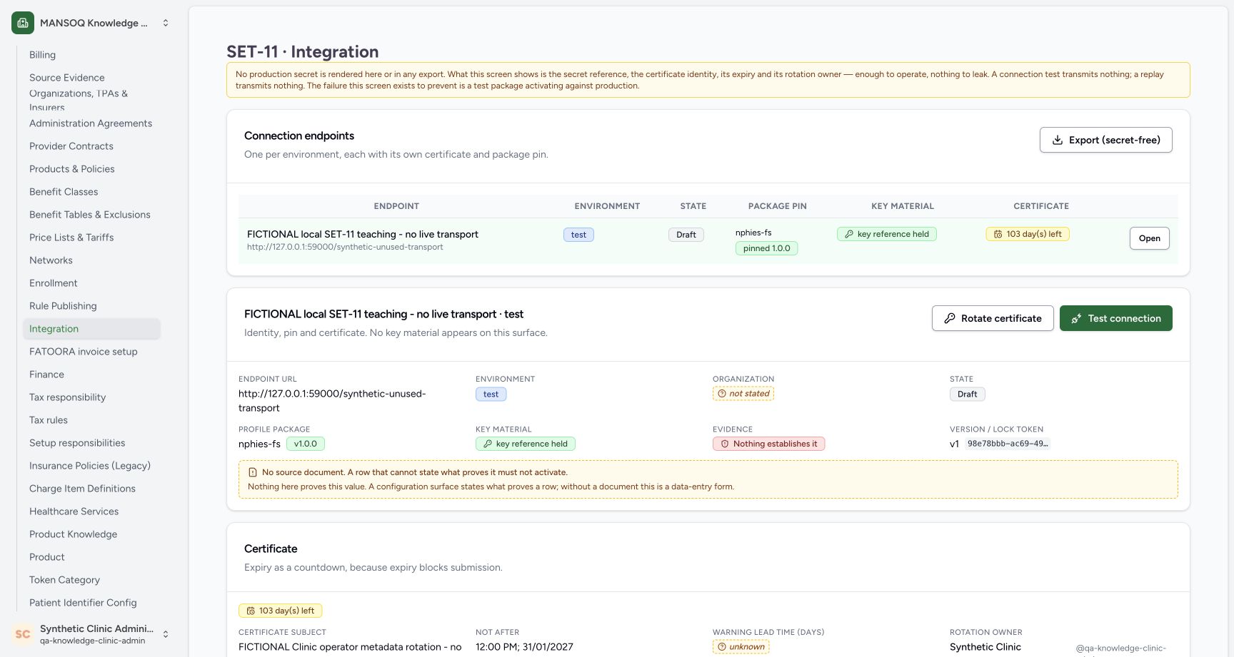 Initial fictional Test/Draft integration context. Genuine synthetic Clinic Integration screen.
