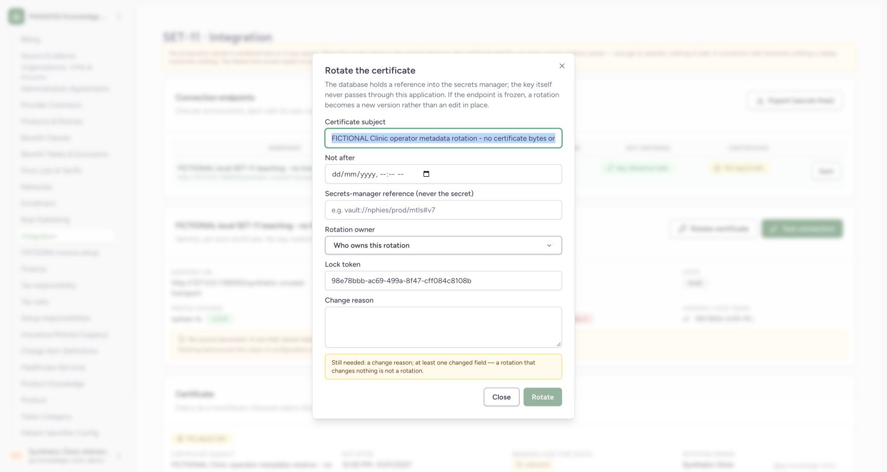 Initial Rotate the certificate dialog with disabled Rotate. Genuine synthetic Clinic Integration screen.