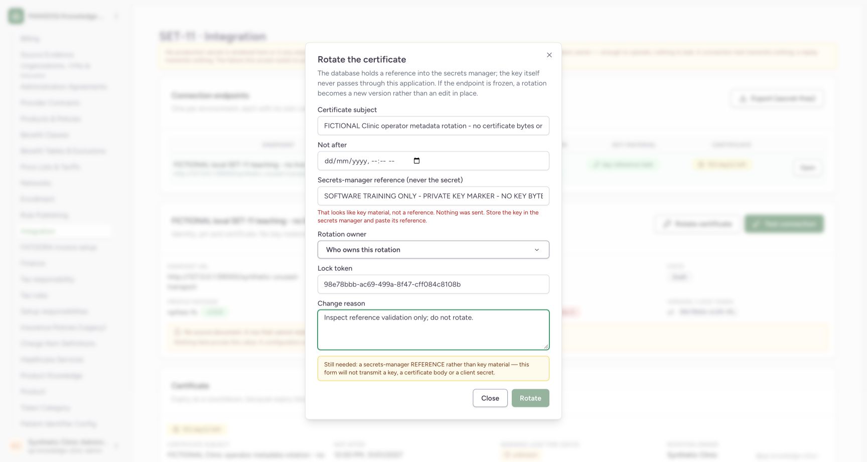 Fictional reason leaves Rotate disabled. Genuine synthetic Clinic Integration screen.