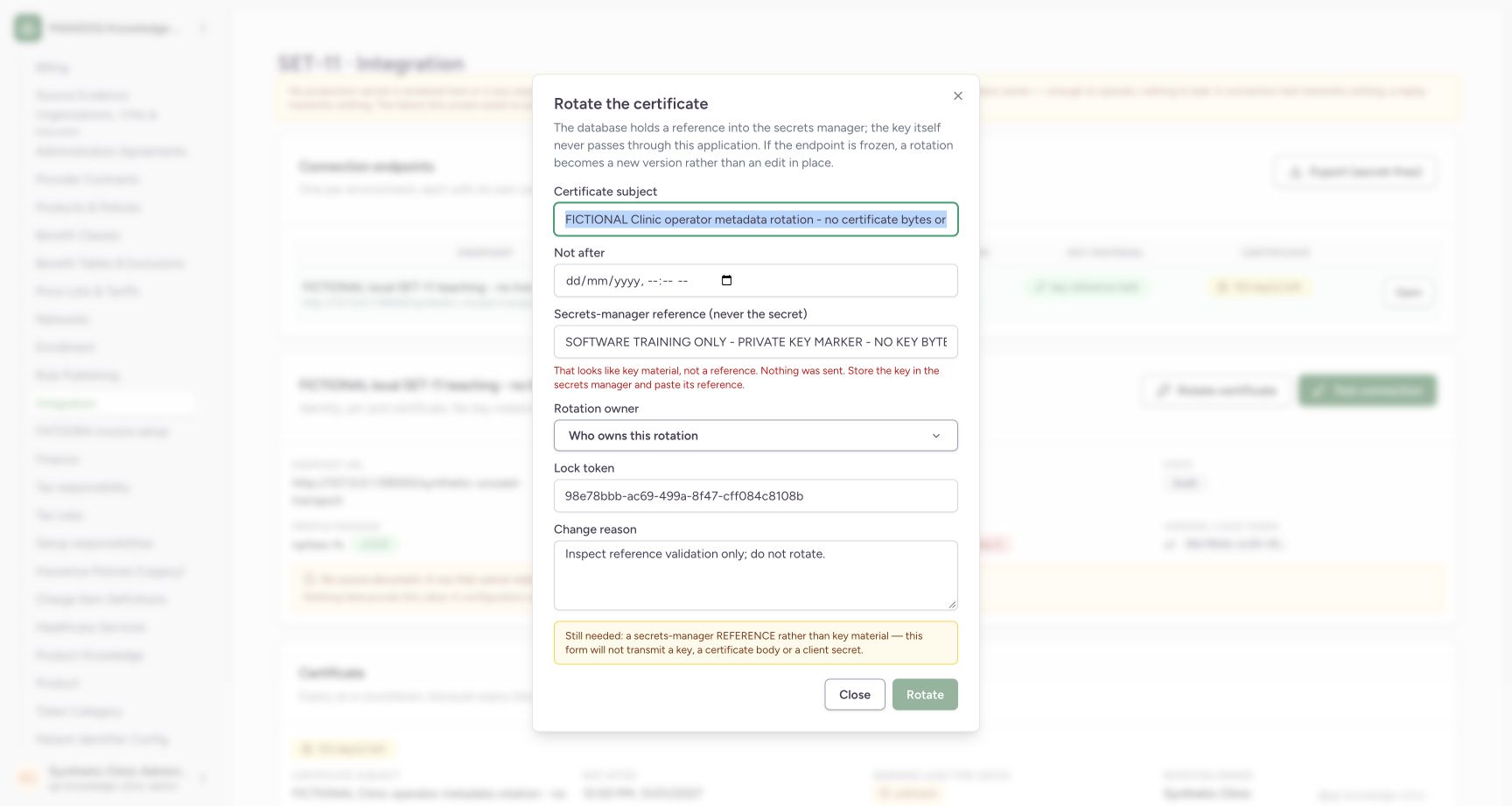 Reopened local marker and reason remain unsaved. Genuine synthetic Clinic Integration screen.