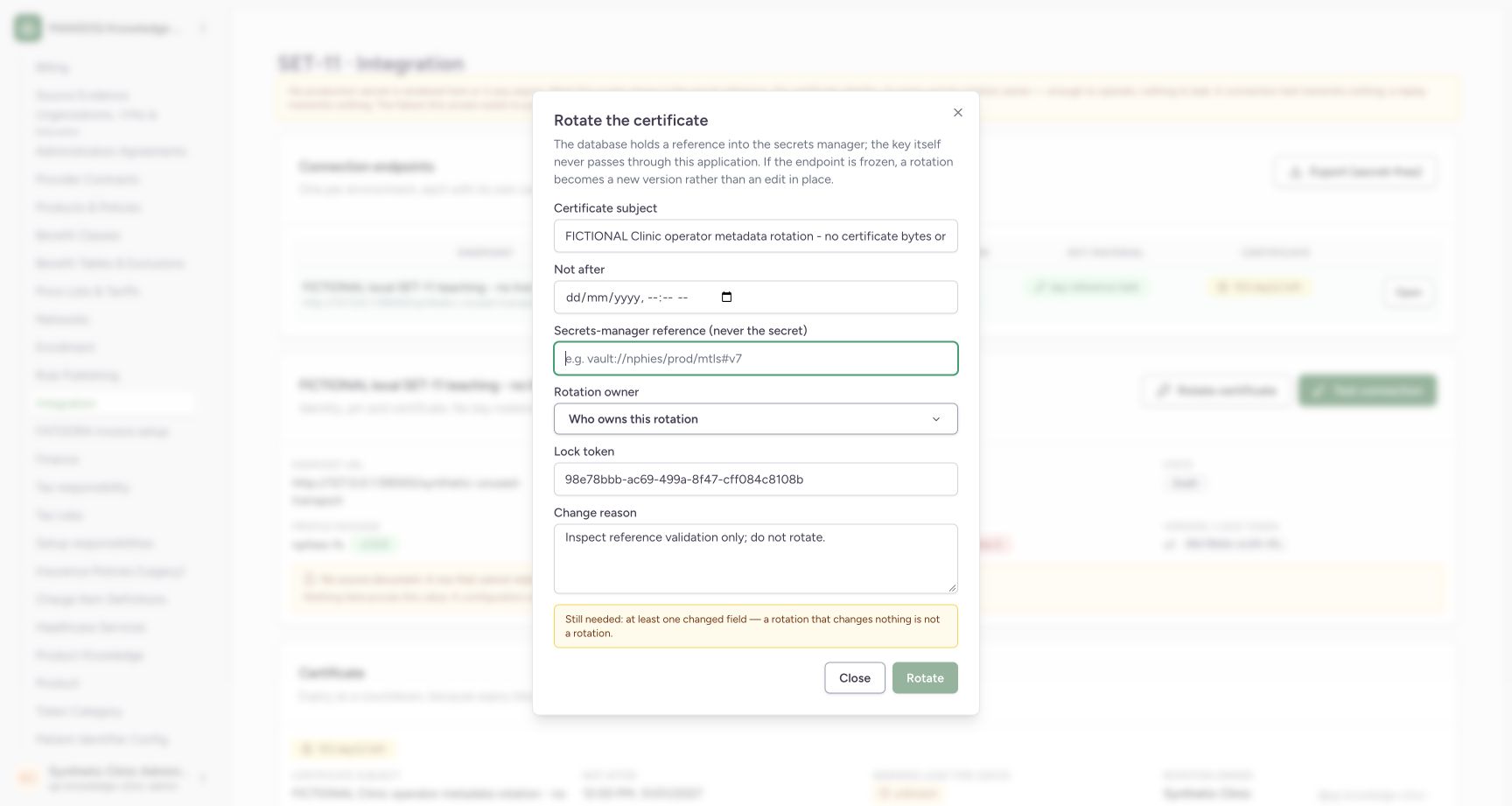Reference cleared while the reason remains. Genuine synthetic Clinic Integration screen.
