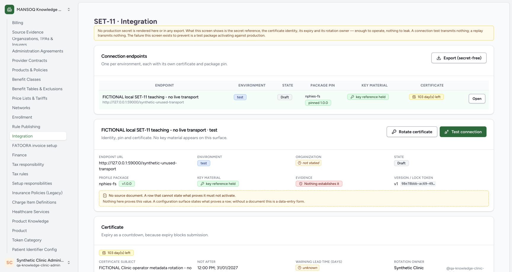 Settled Integration page after the cleared dialog closes. Genuine synthetic Clinic Integration screen.