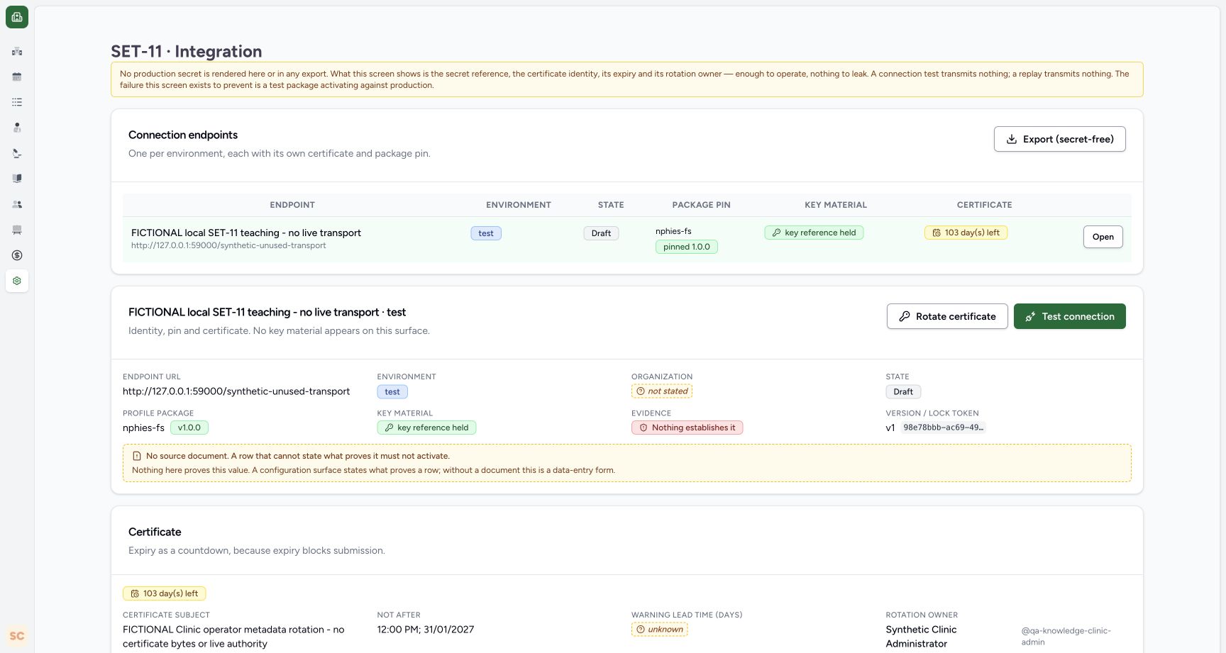 Reloaded fictional endpoint remains Test, Draft and v1. Genuine synthetic Clinic Integration screen.