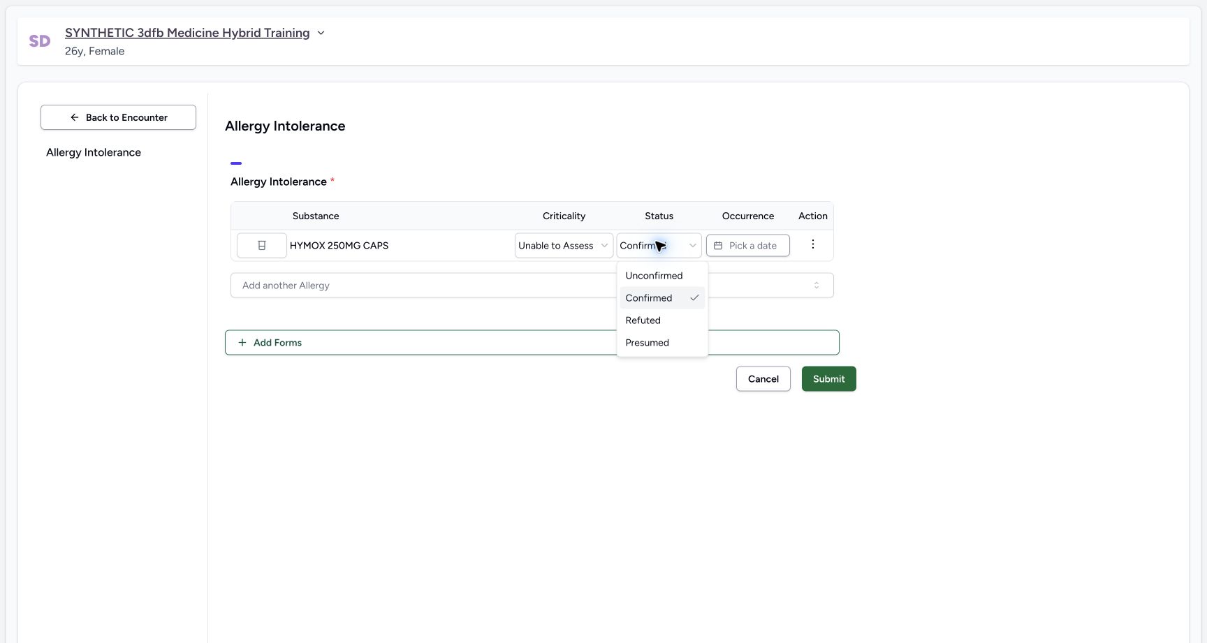 New record verification options on the synthetic training case