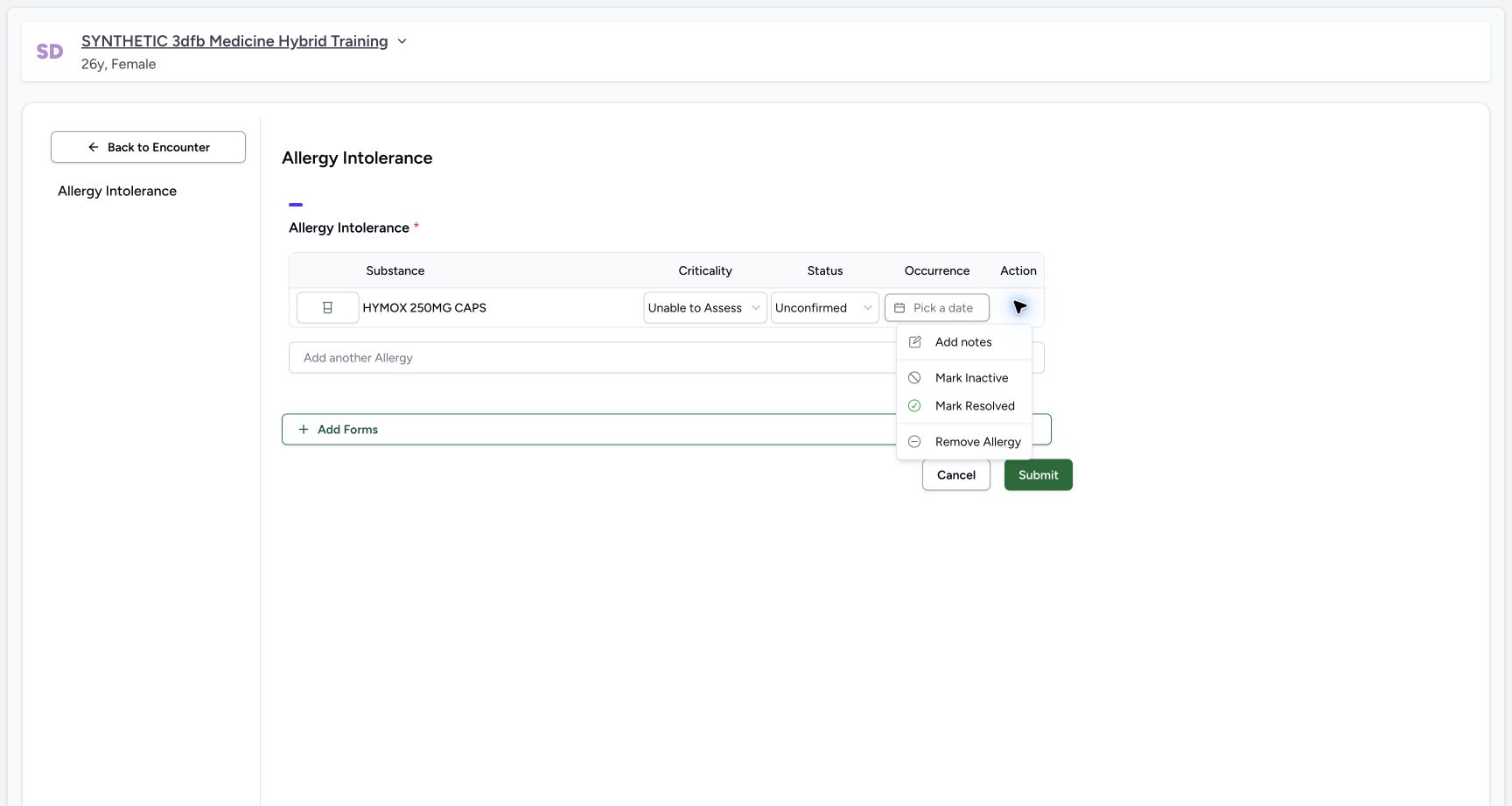 New row actions menu on the synthetic training case