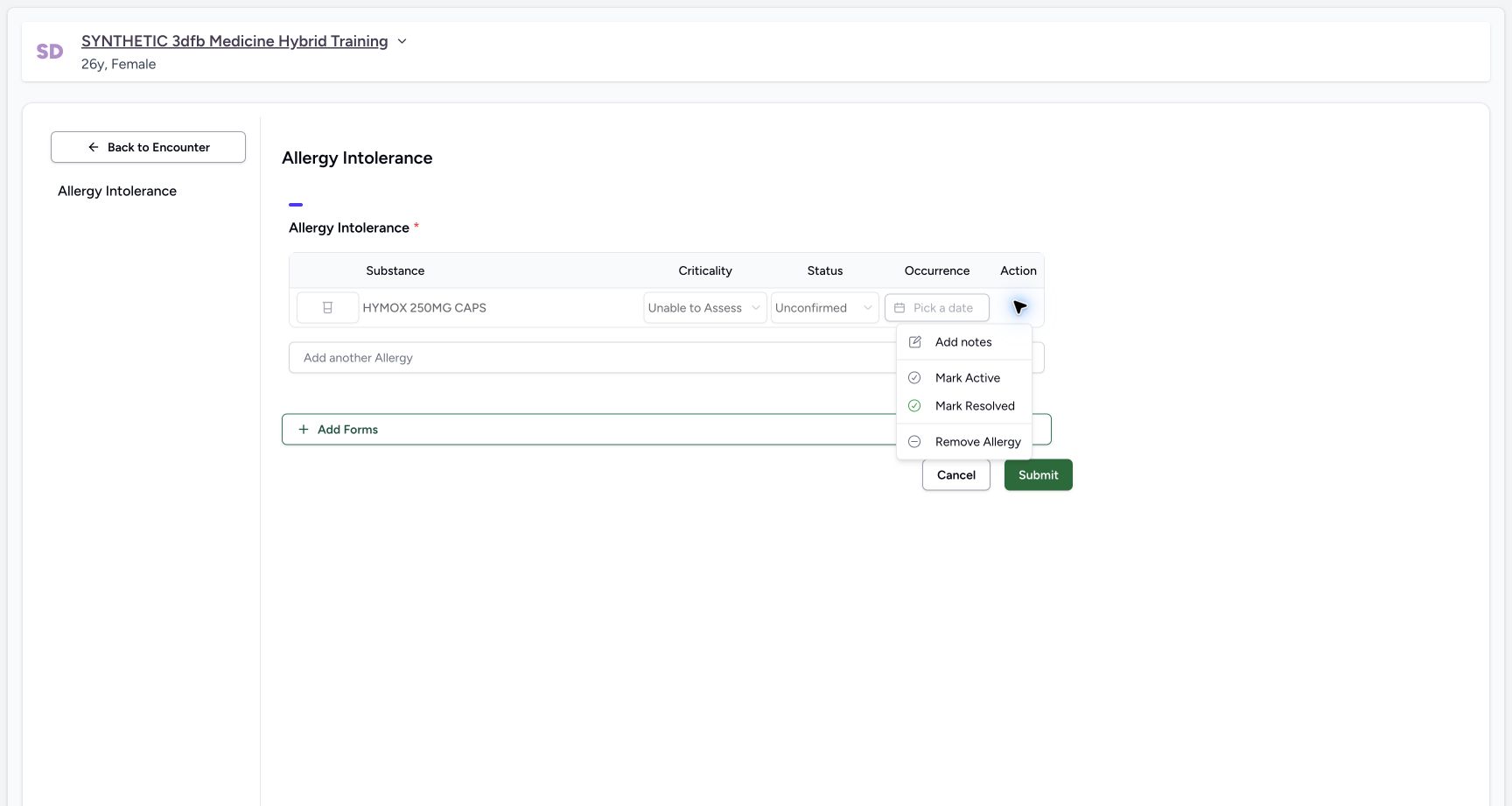 Inactive row actions on the synthetic training case