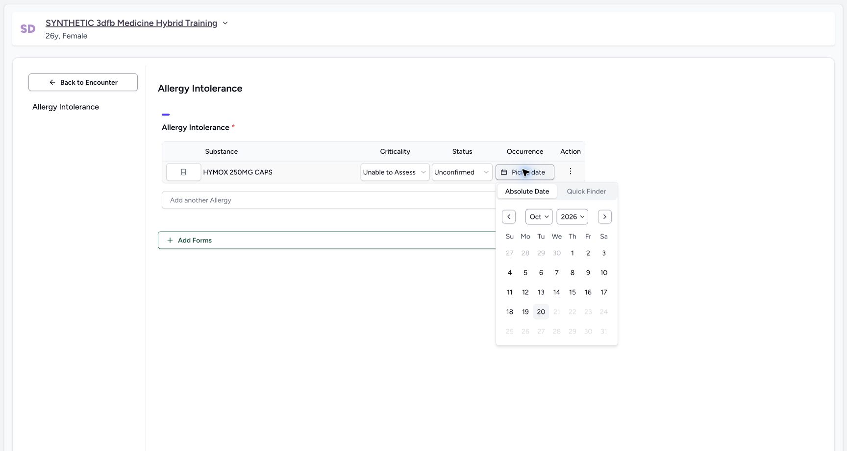 Occurrence calendar future days disabled on the synthetic training case
