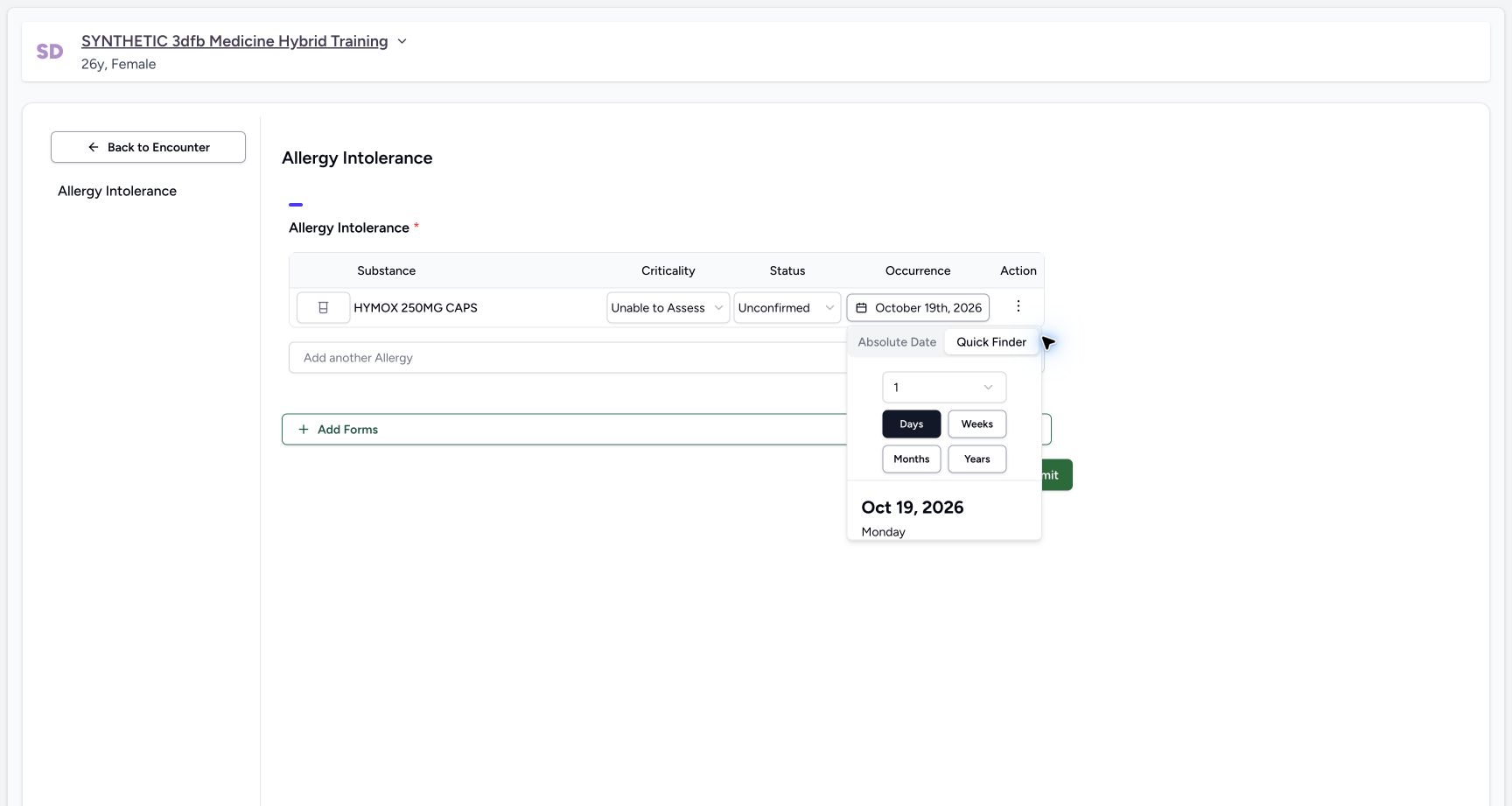 Quick finder default one day on the synthetic training case