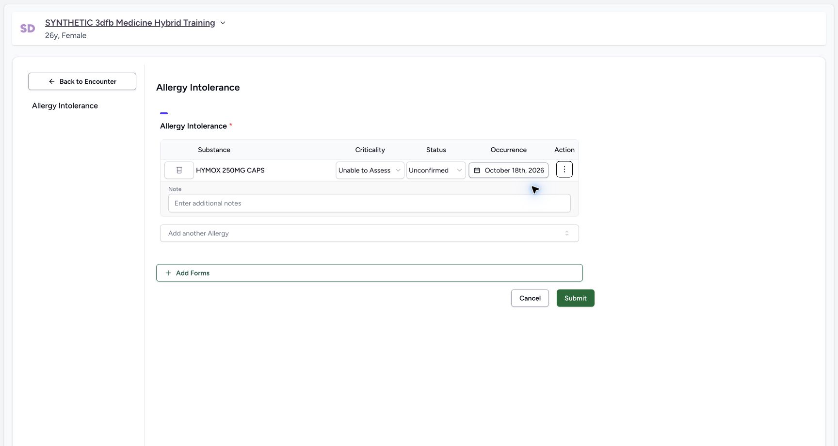 Empty allergy note editor on the synthetic training case