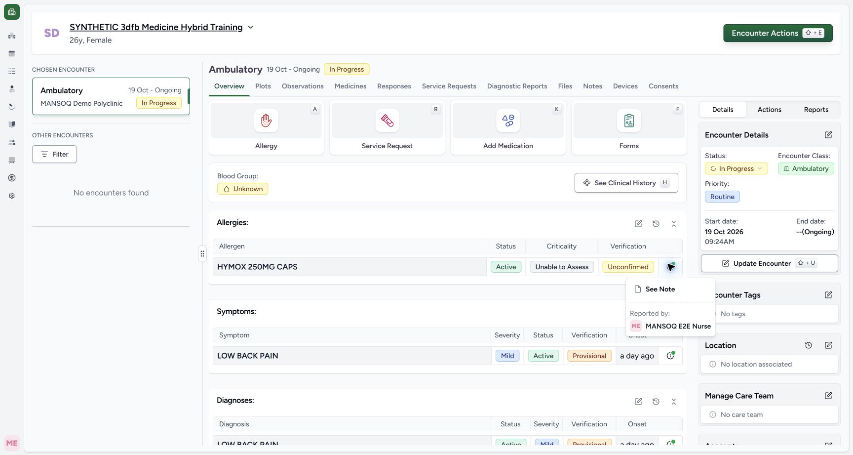 Saved note author menu on the synthetic training case