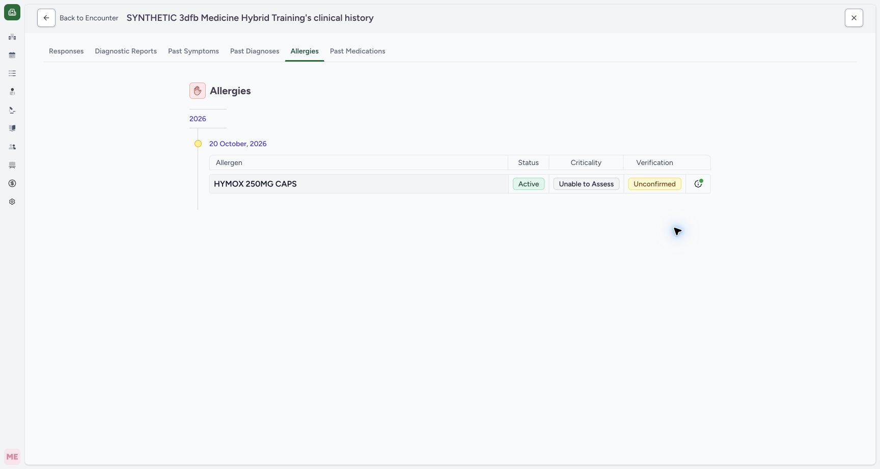 Saved allergy in patient history on the synthetic training case