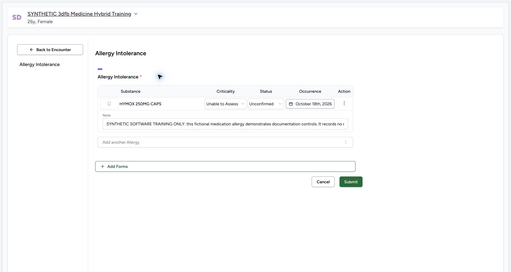 Existing allergy editor category locked on the synthetic training case