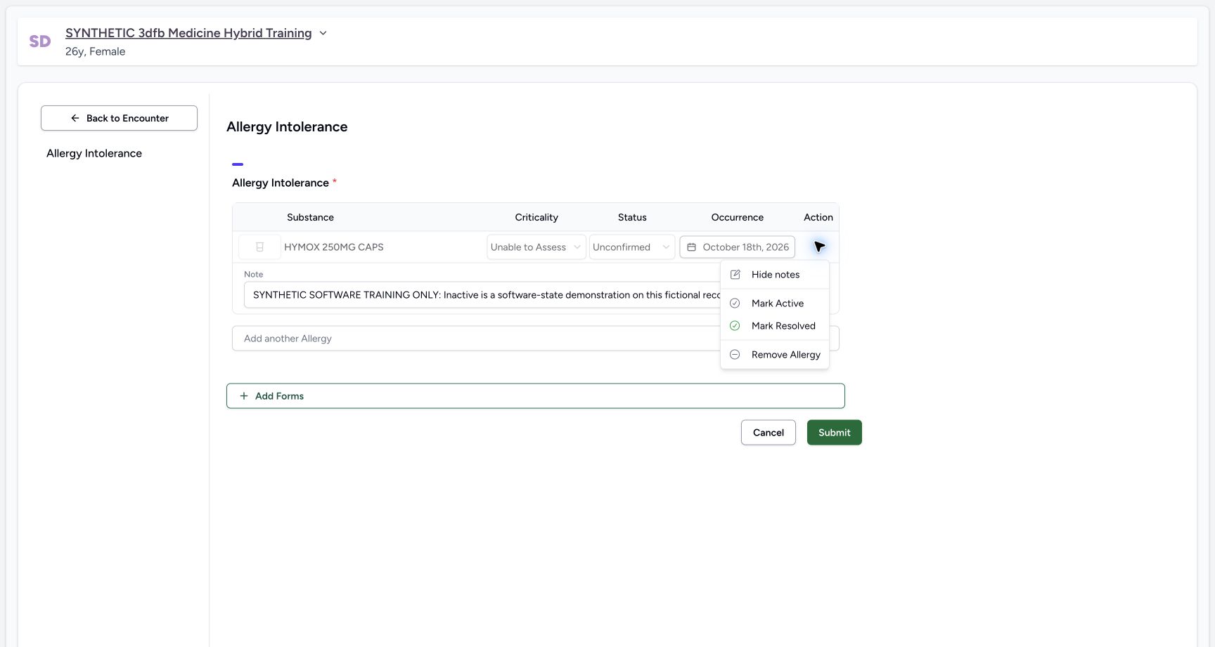 Inactive draft actions confirmed on the synthetic training case