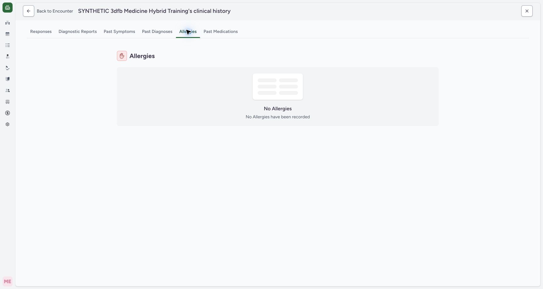 Allergy history empty view after entered in error on the synthetic training case