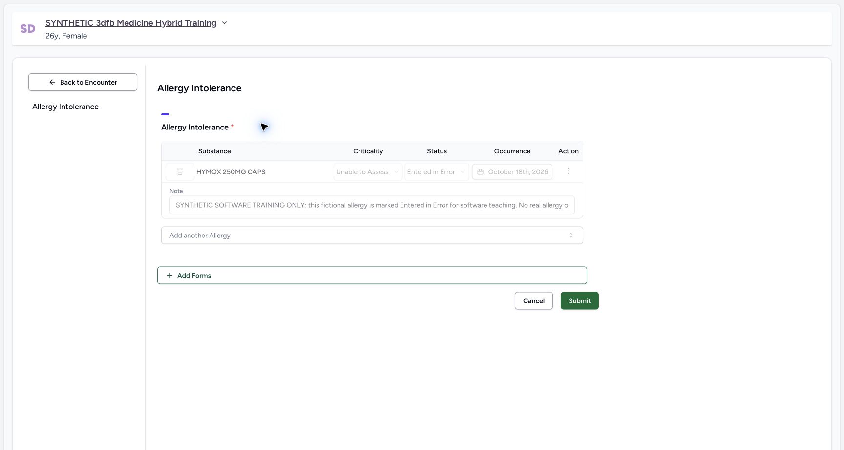 Corrected allergy retained disabled editor on the synthetic training case