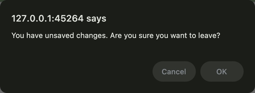 Read the native unsaved-change confirmation. Genuine compact native confirmation on macOS of an explicitly fictional attachment software exercise.