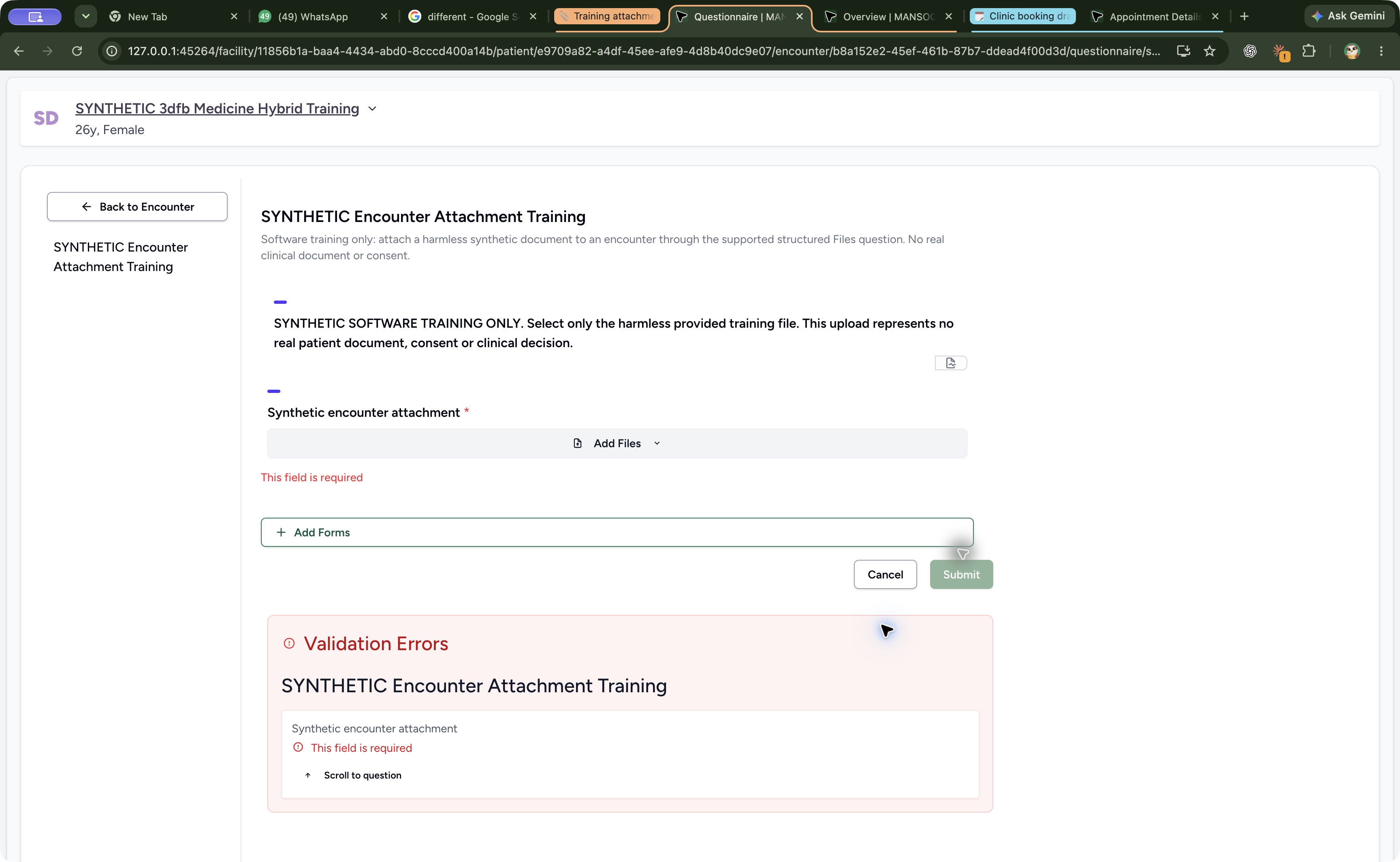 Read the empty-required validation. Genuine wide original MANSOQ Nurse view of an explicitly fictional attachment software exercise.