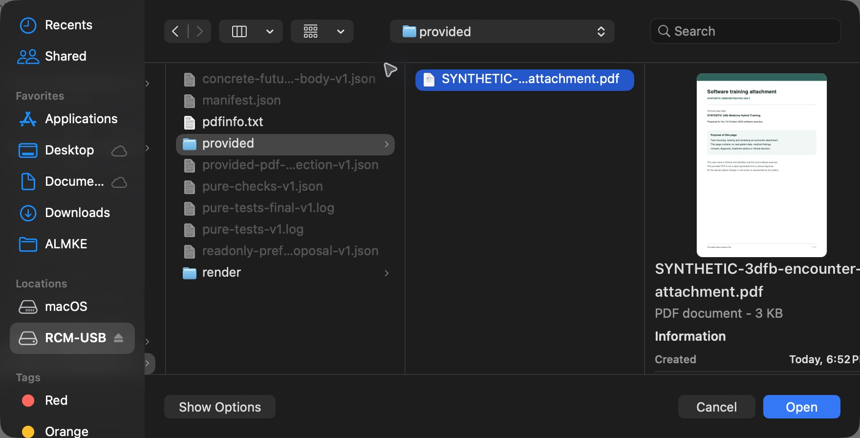 Native macOS file chooser showing the selected harmless SYNTHETIC PDF, Open and Cancel.