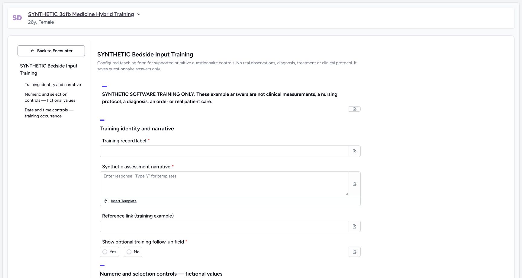 Read the configured training notice and empty identity inputs. Genuine wide MANSOQ ordinary Nurse screen on a clearly fictional Ambulatory encounter.